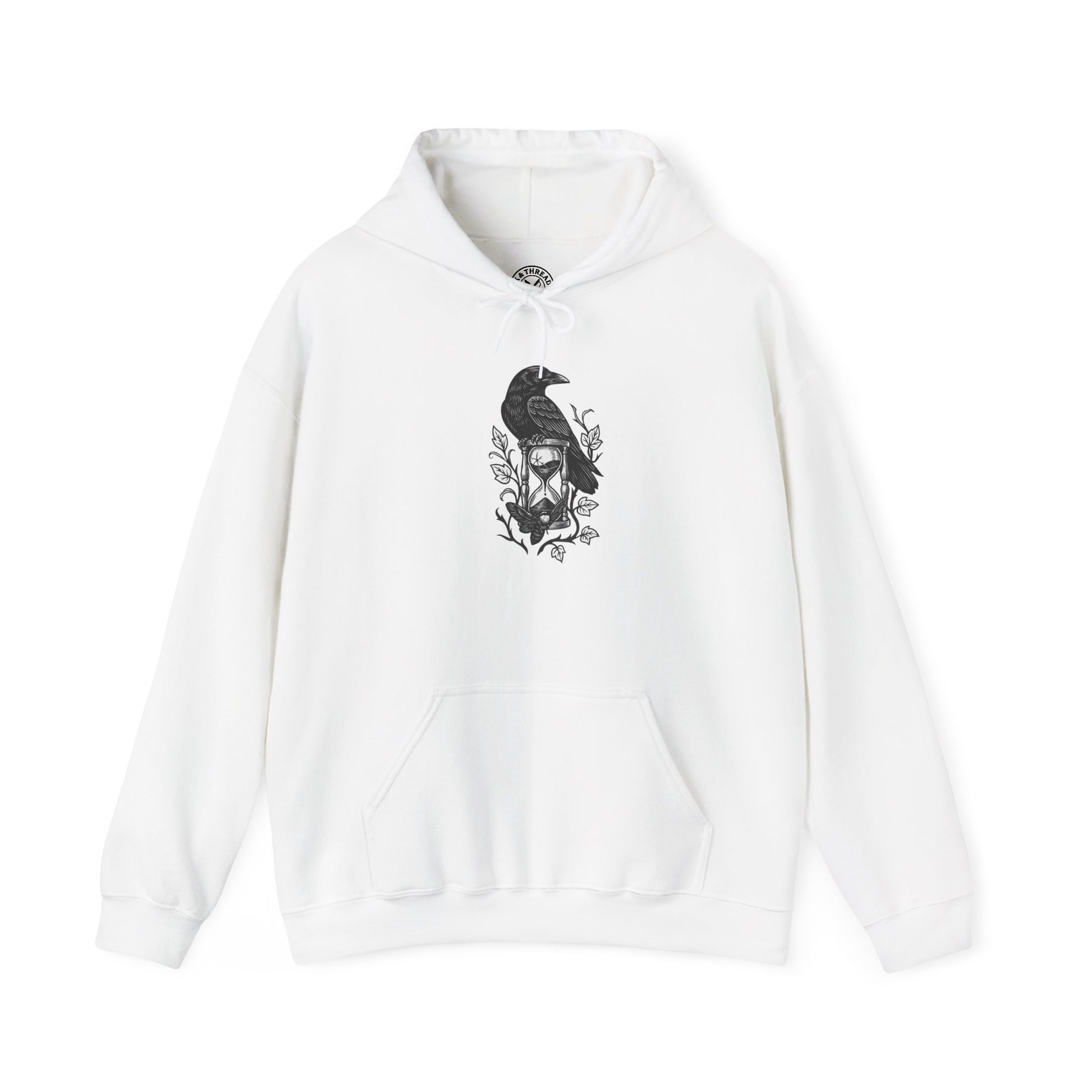 White hoodie with a black graphic design on a white background