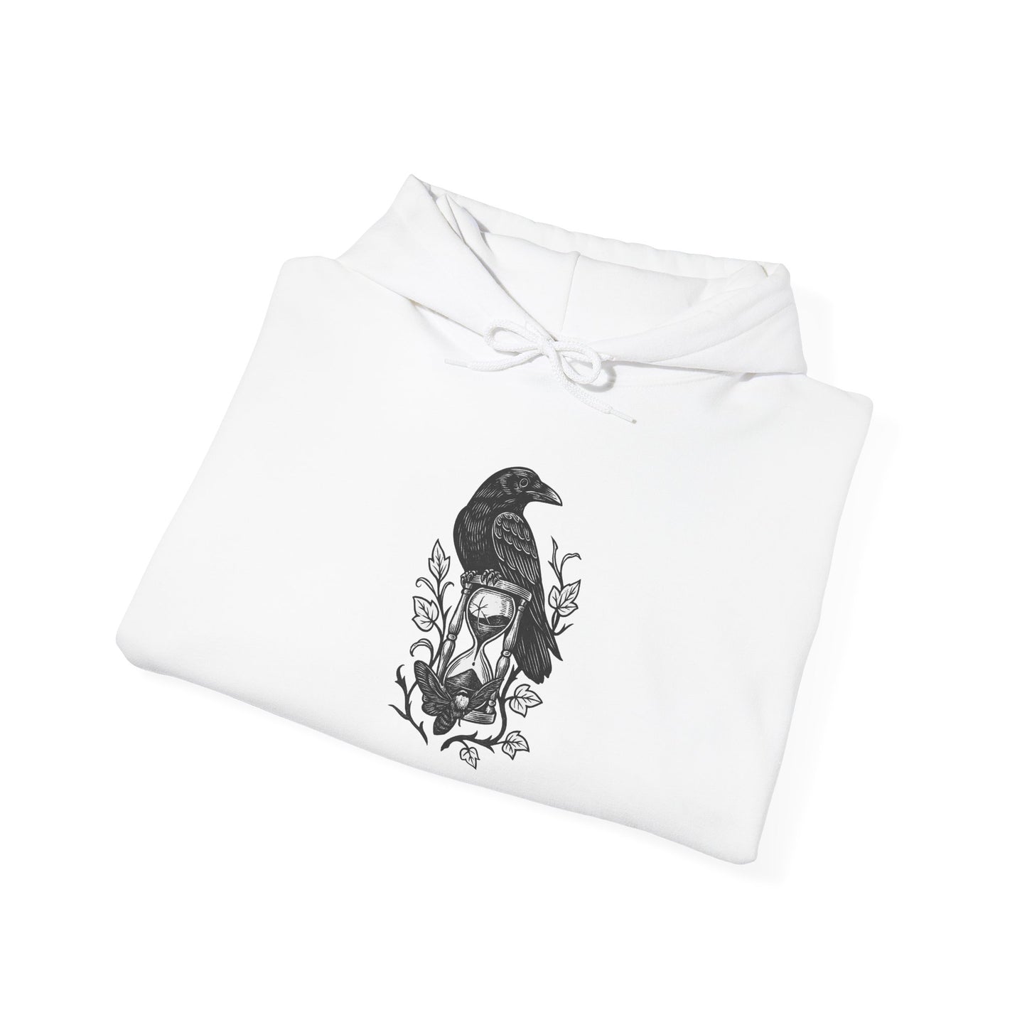 White shirt with black bird design on a white background