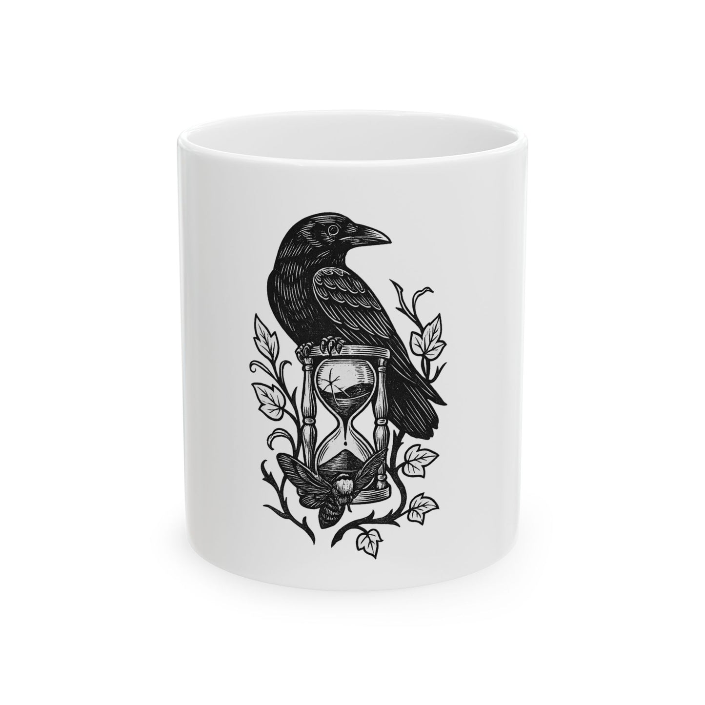 White mug with black crow and hourglass design on a white background