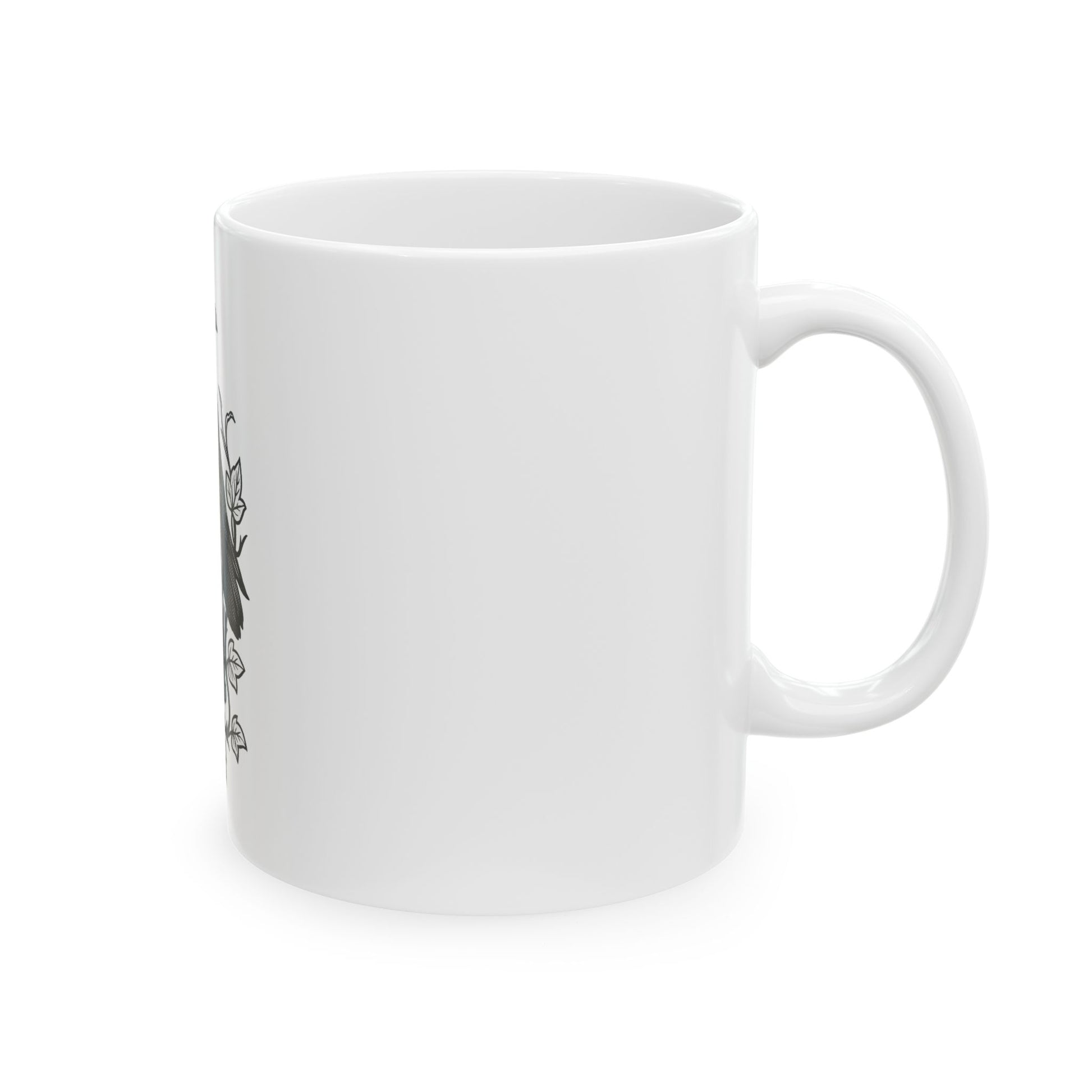 White mug with a small design on a white background