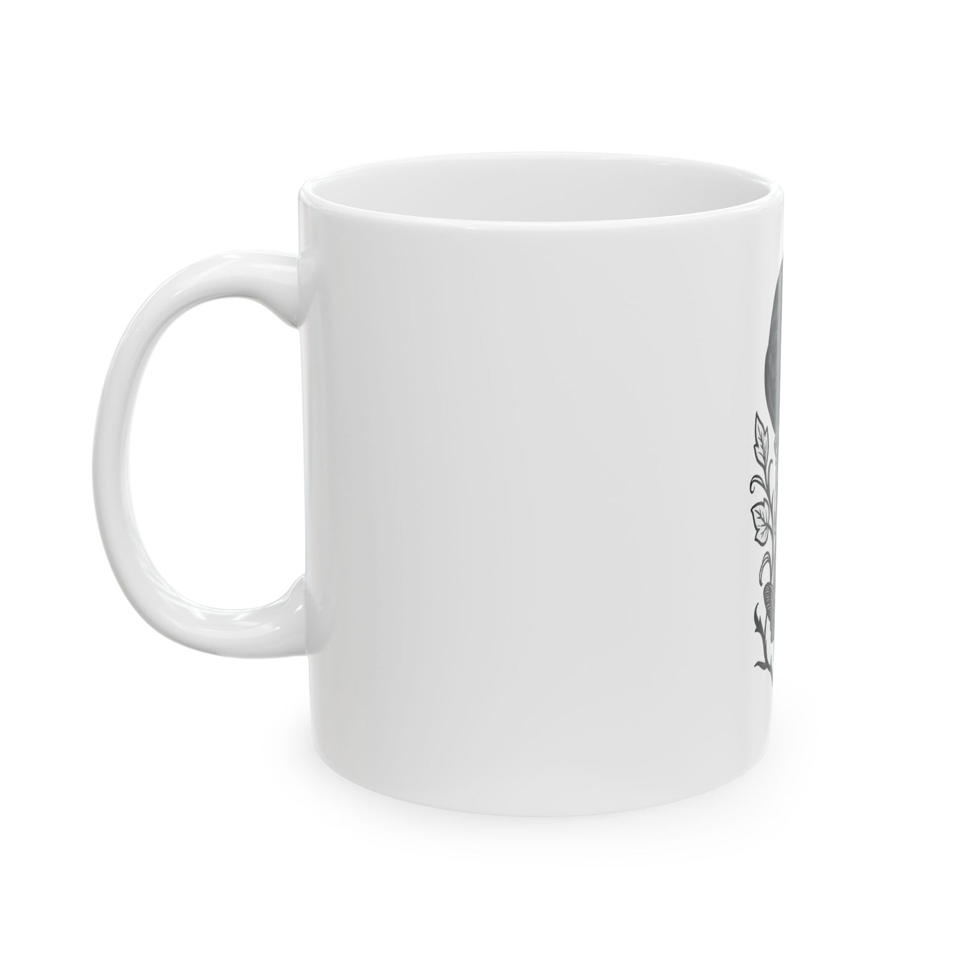 White mug with black text on a white background