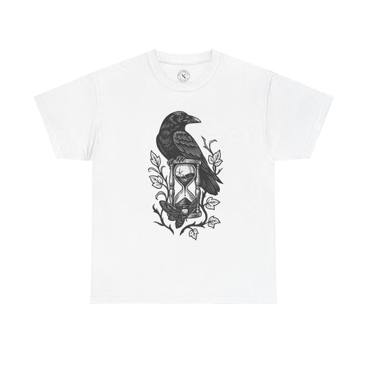 White t-shirt with a black and white design of a crow and hourglass on a white background