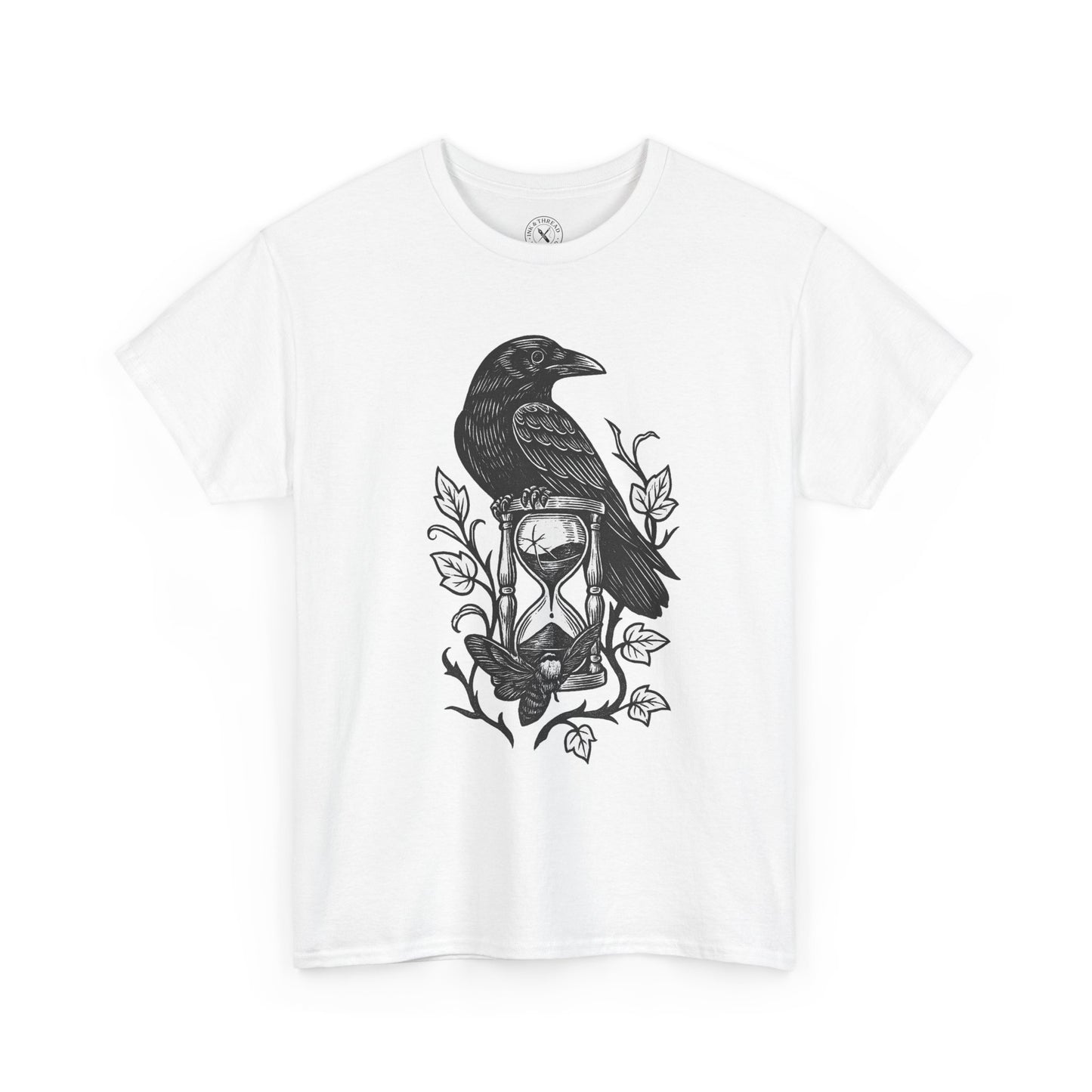 White t-shirt with black crow and hourglass design on a white background