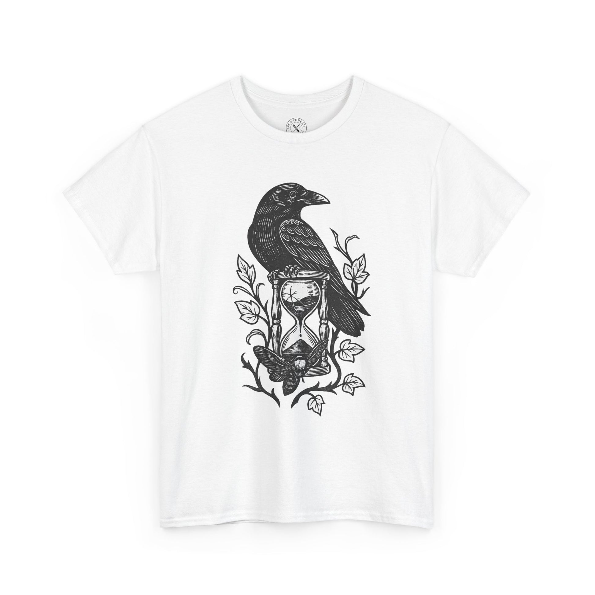 White t-shirt with black crow and hourglass design on a white background
