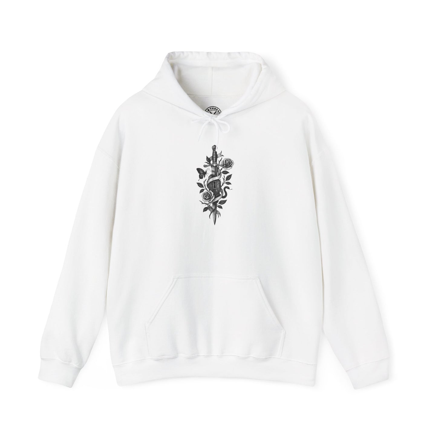 White hoodie with black floral design on a white background