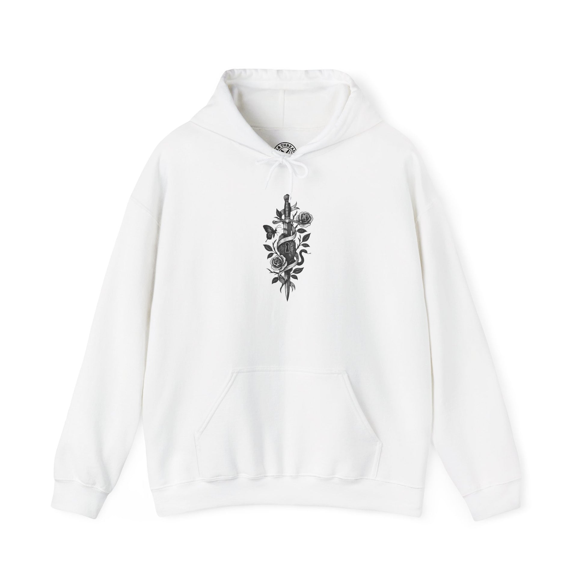 White hoodie with black floral design on a white background