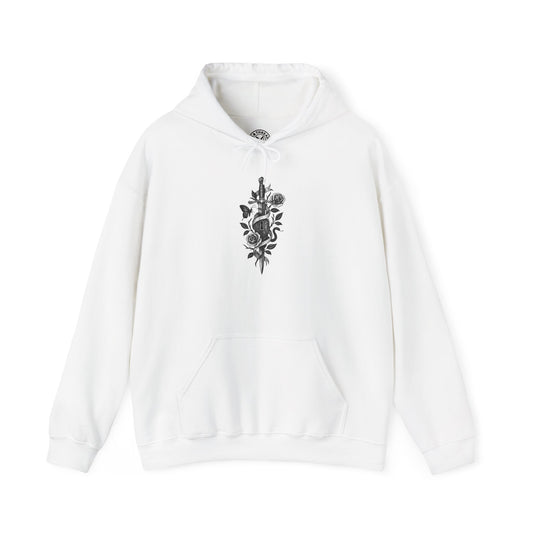 White hoodie with black floral design on a white background