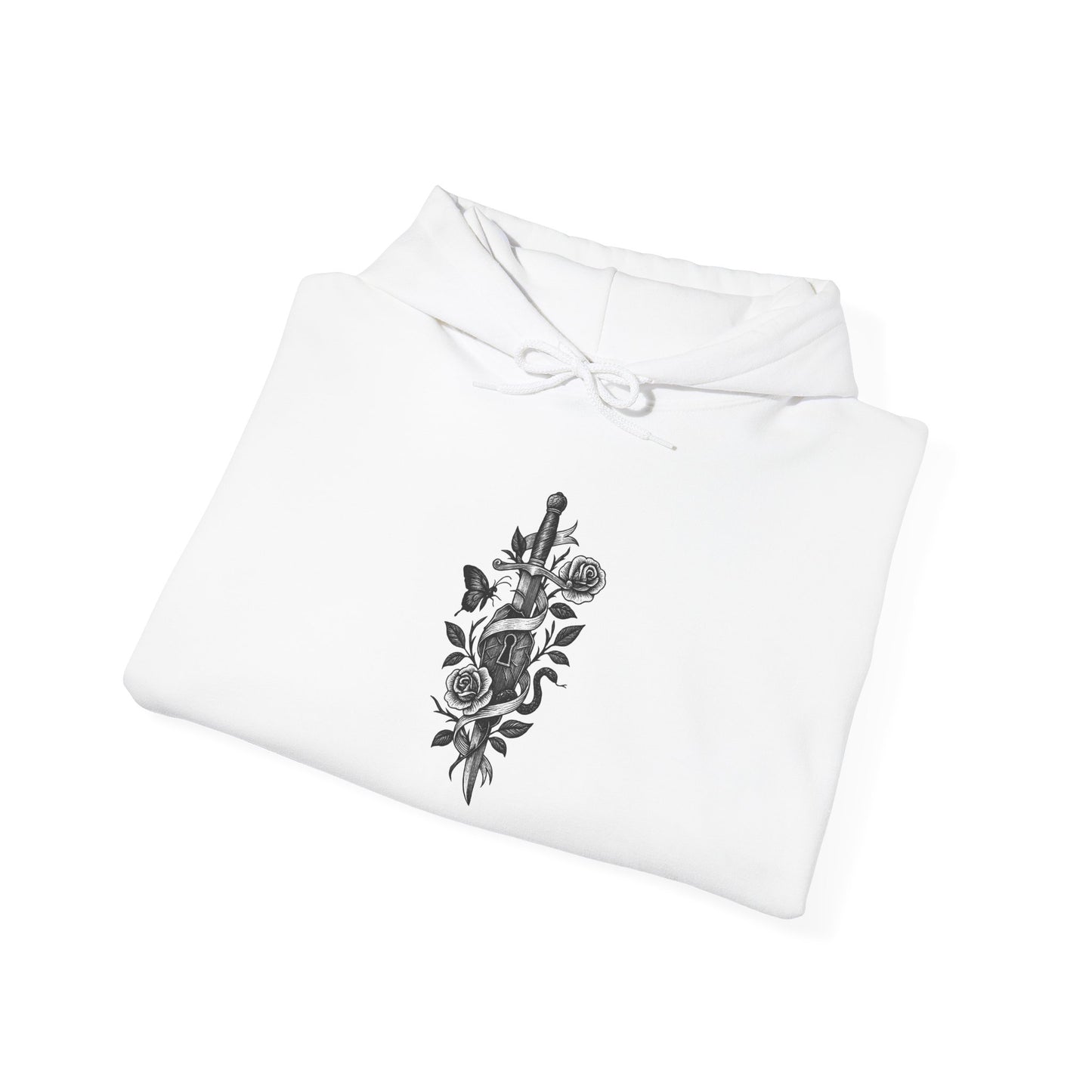 White shirt with black floral and violin design on a white background