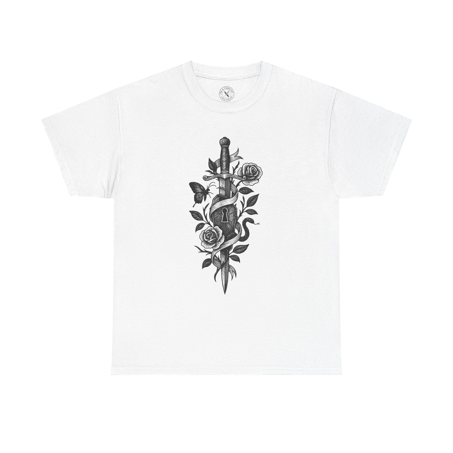 White t-shirt with a black dagger and rose design on a white background