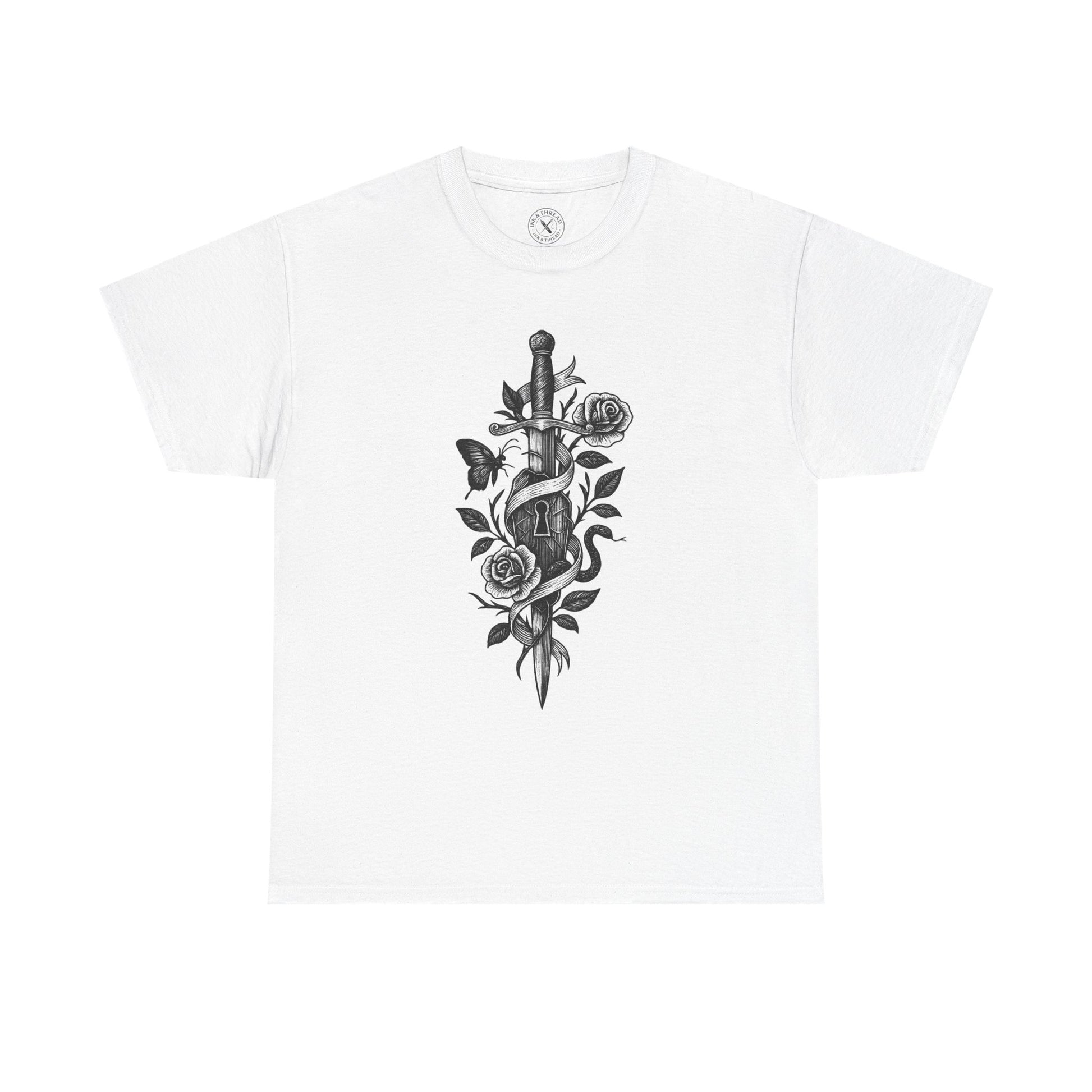 White t-shirt with a black dagger and rose design on a white background