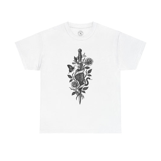 White t-shirt with a black dagger and rose design on a white background