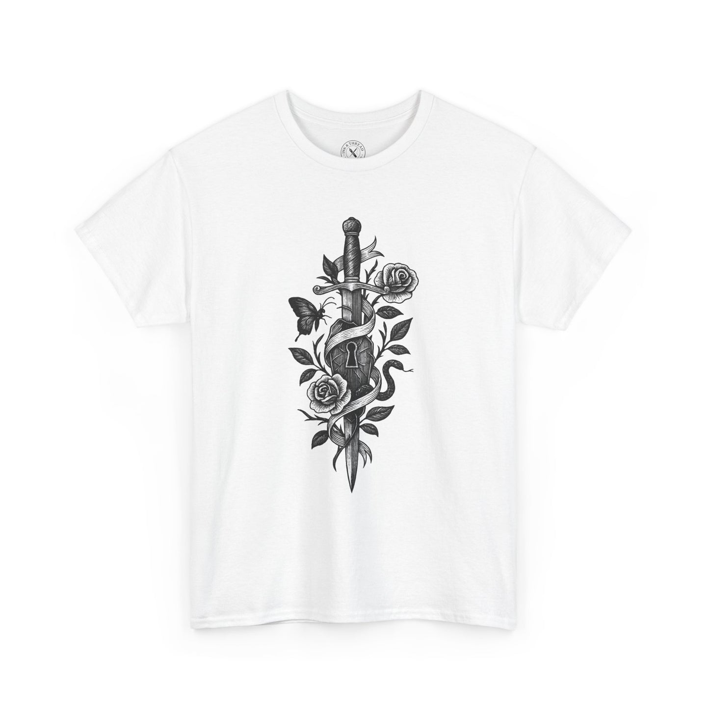 White t-shirt with black dagger and rose design on a white background