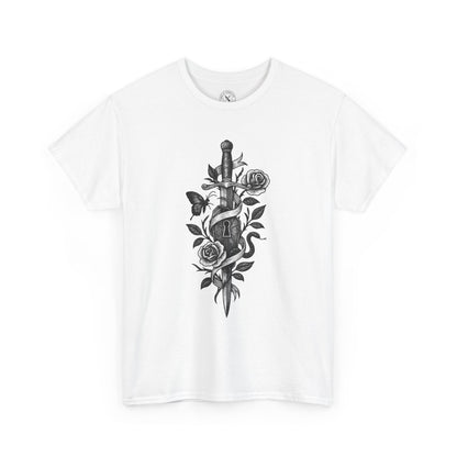 White t-shirt with black dagger and rose design on a white background