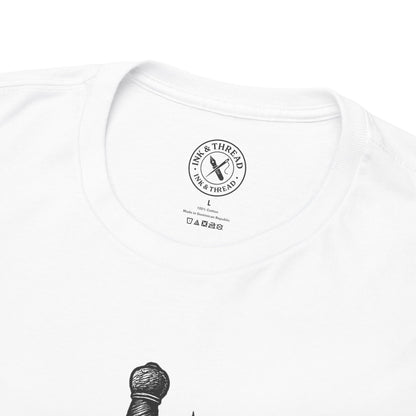 White t-shirt with black logo and text on a white background