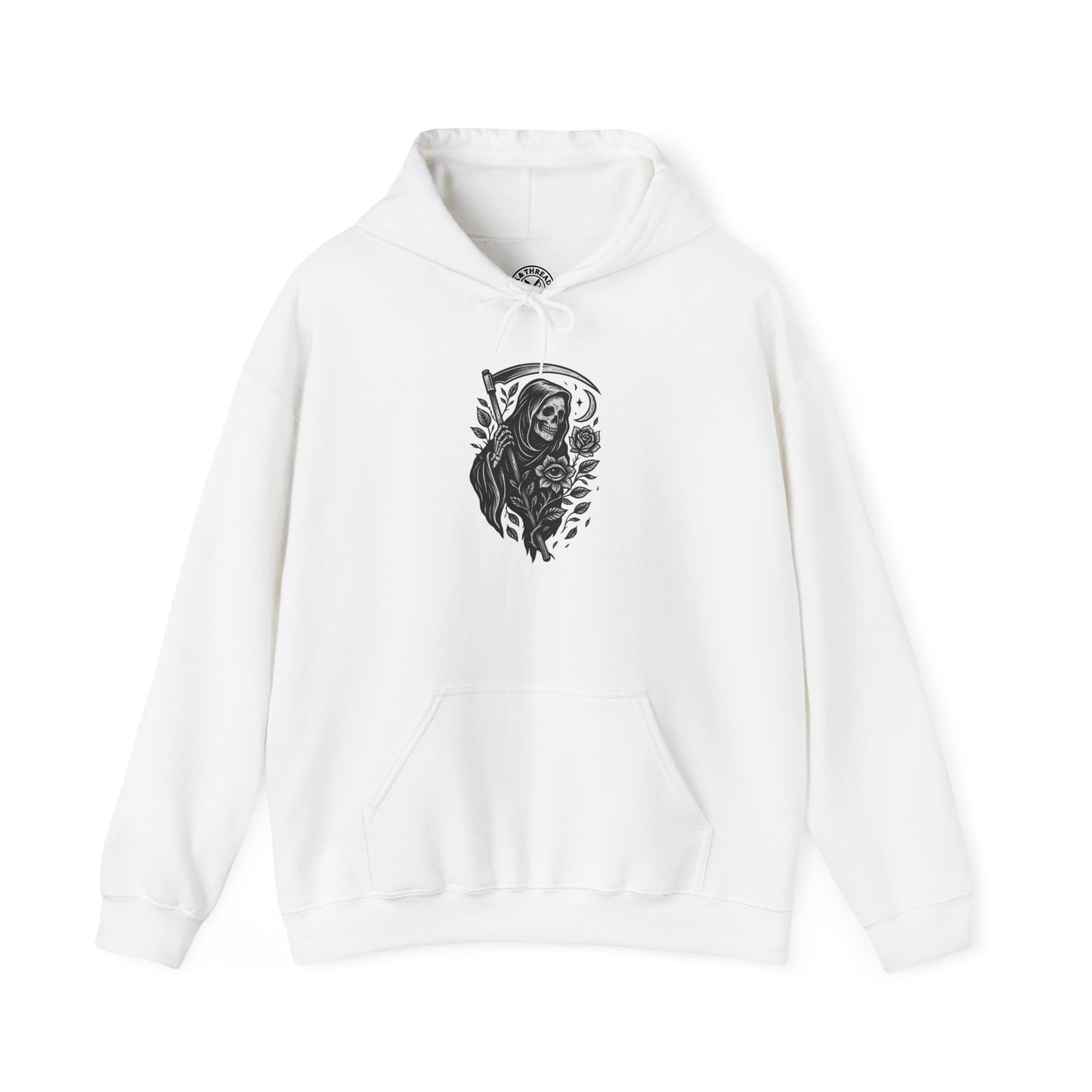 White hoodie with black graphic design on a white background