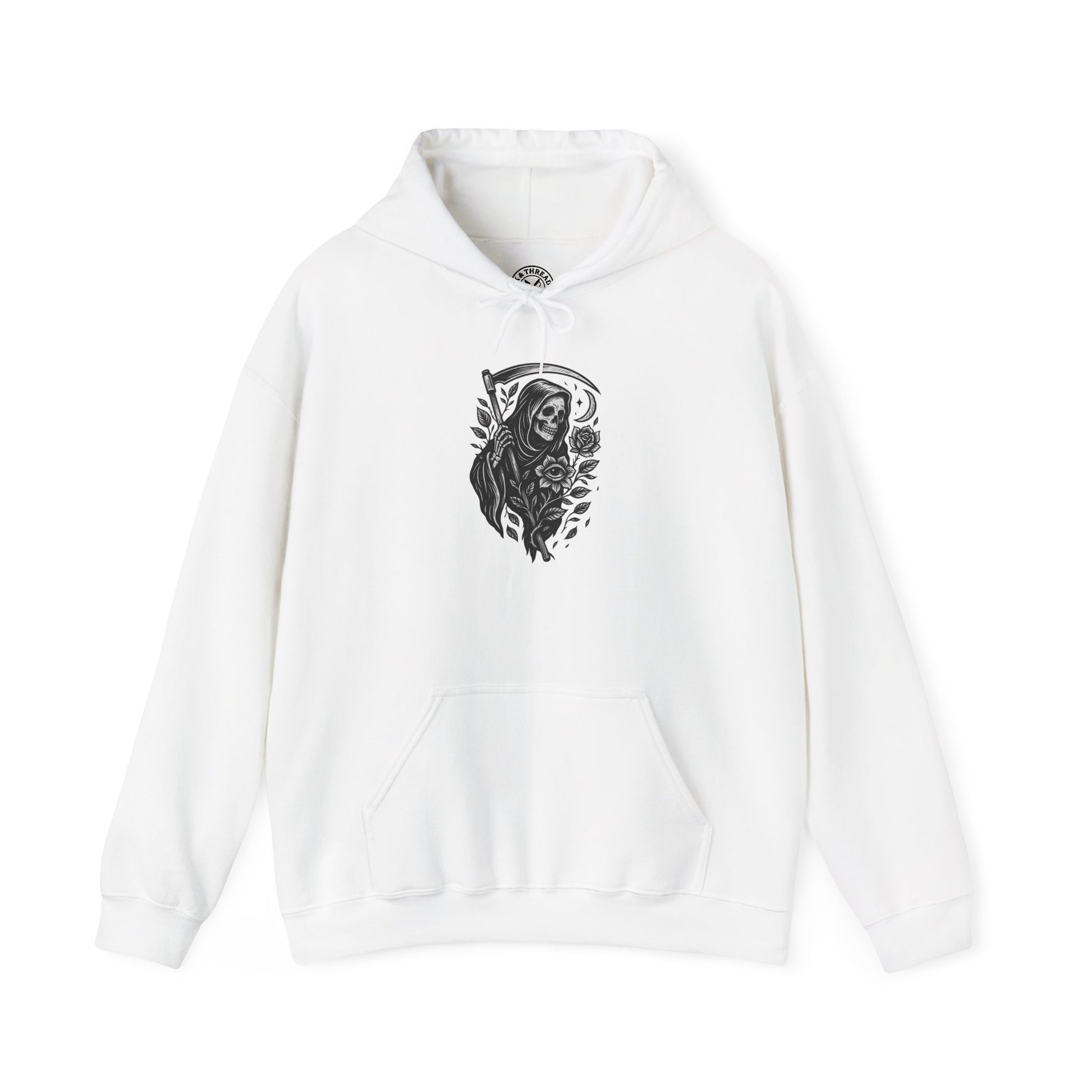 White hoodie with black graphic design on a white background