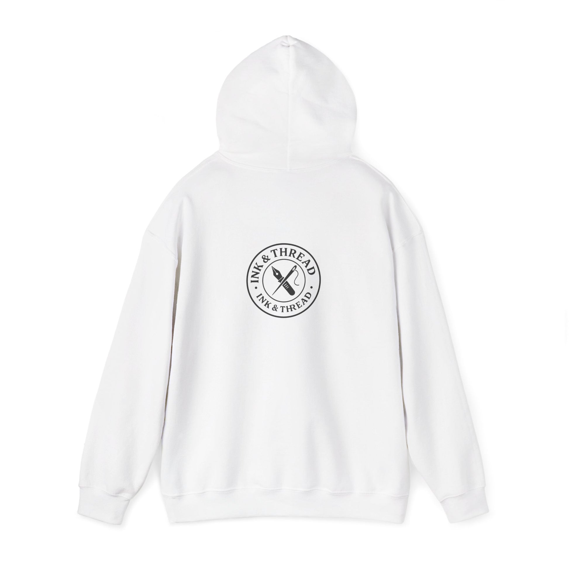 White hoodie with a black logo on a white background