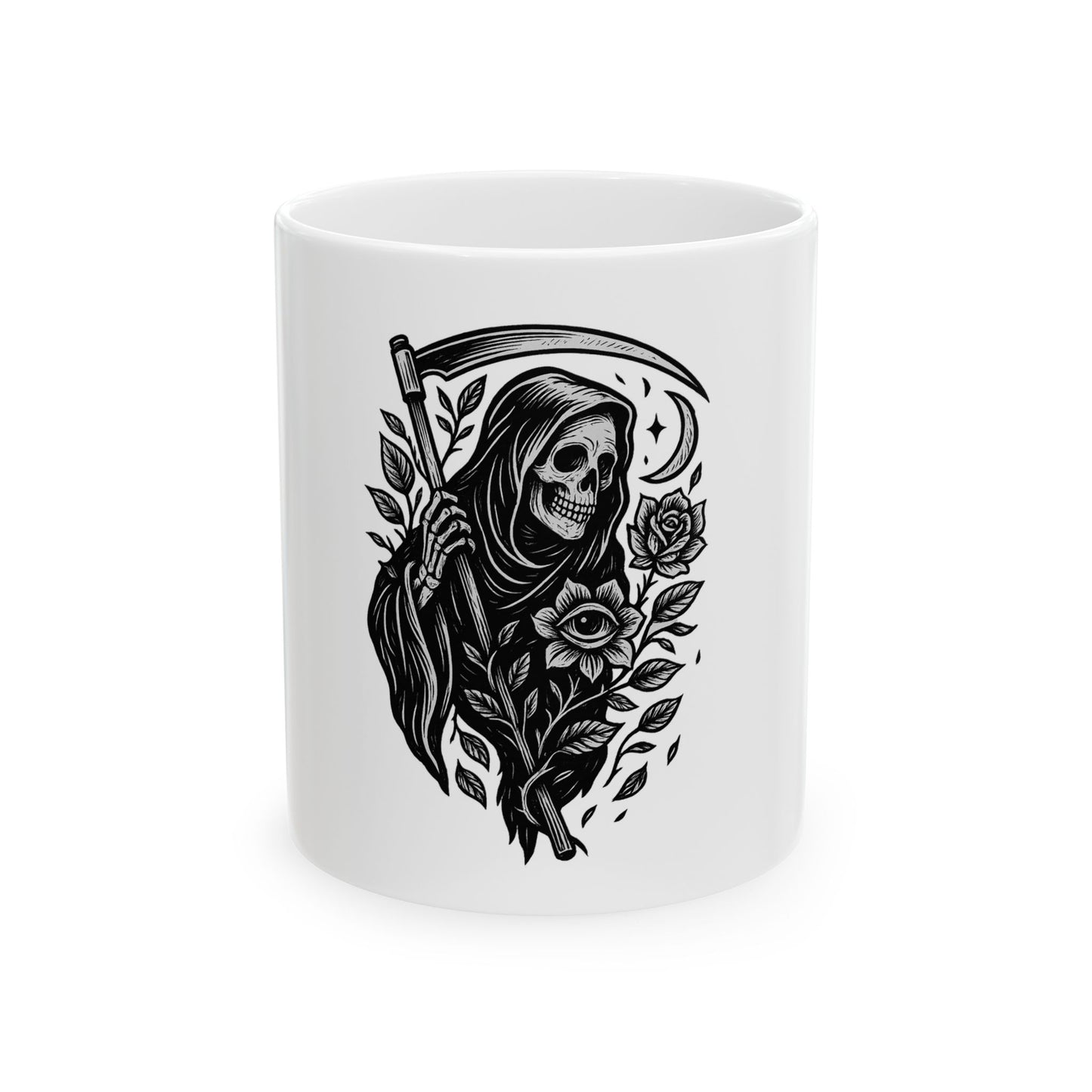 White mug with black and white illustration of a Grim Reaper holding a scythe, surrounded by roses and leaves on a white background.