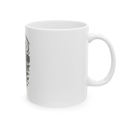 White mug with black text and design on a white background