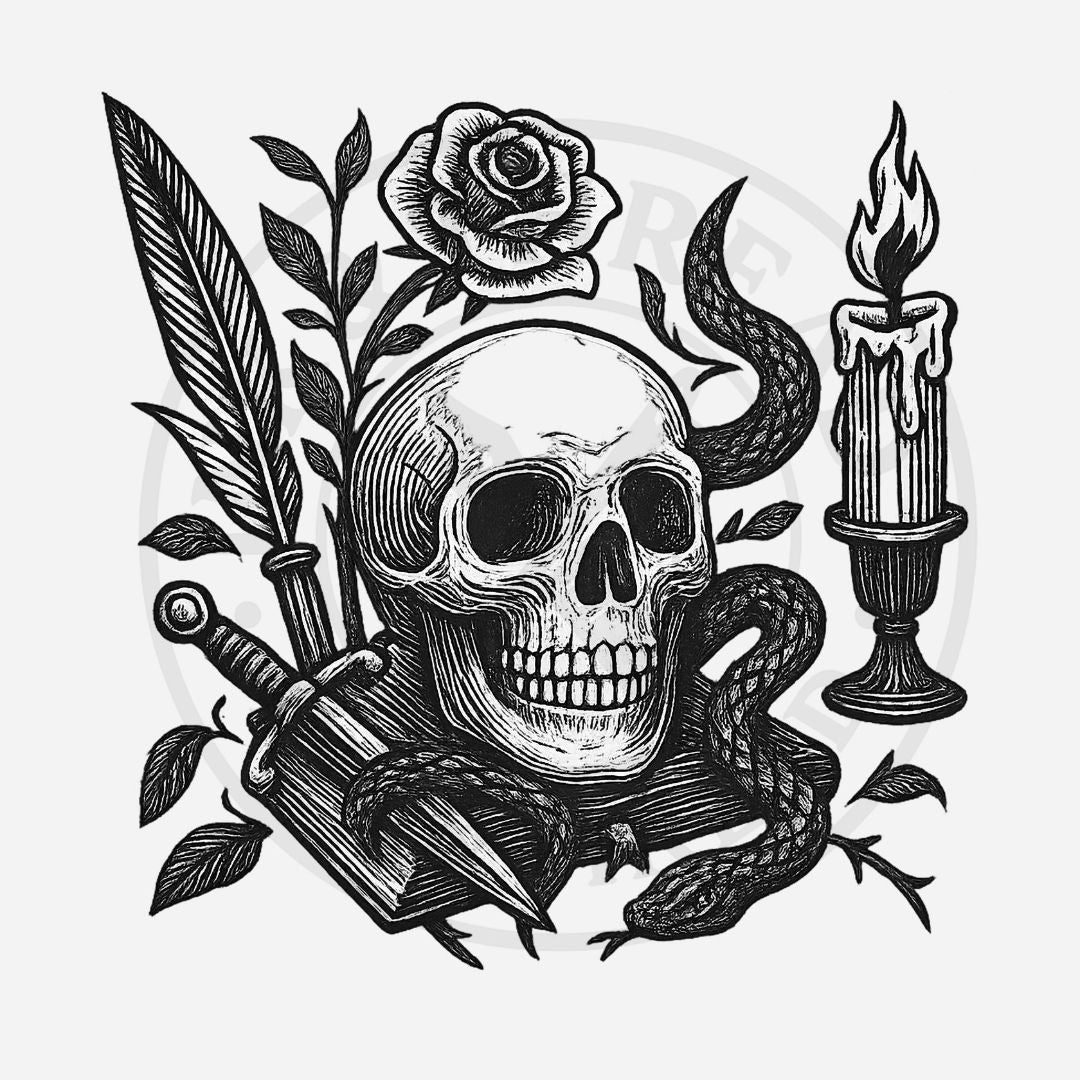 Black and white illustration of a skull with a rose, snake, dagger, and candle on a white background