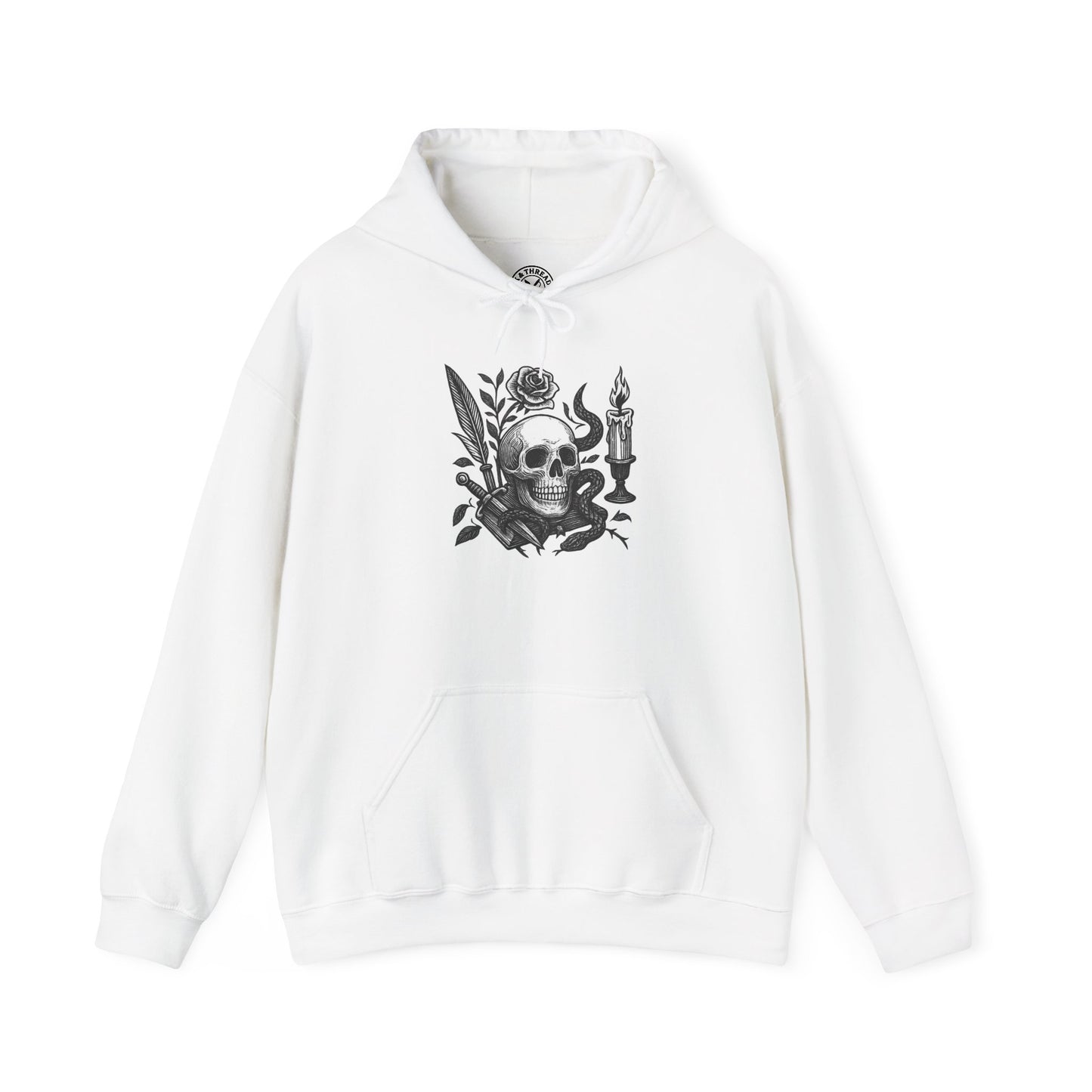 White hoodie with black graphic design on a white background