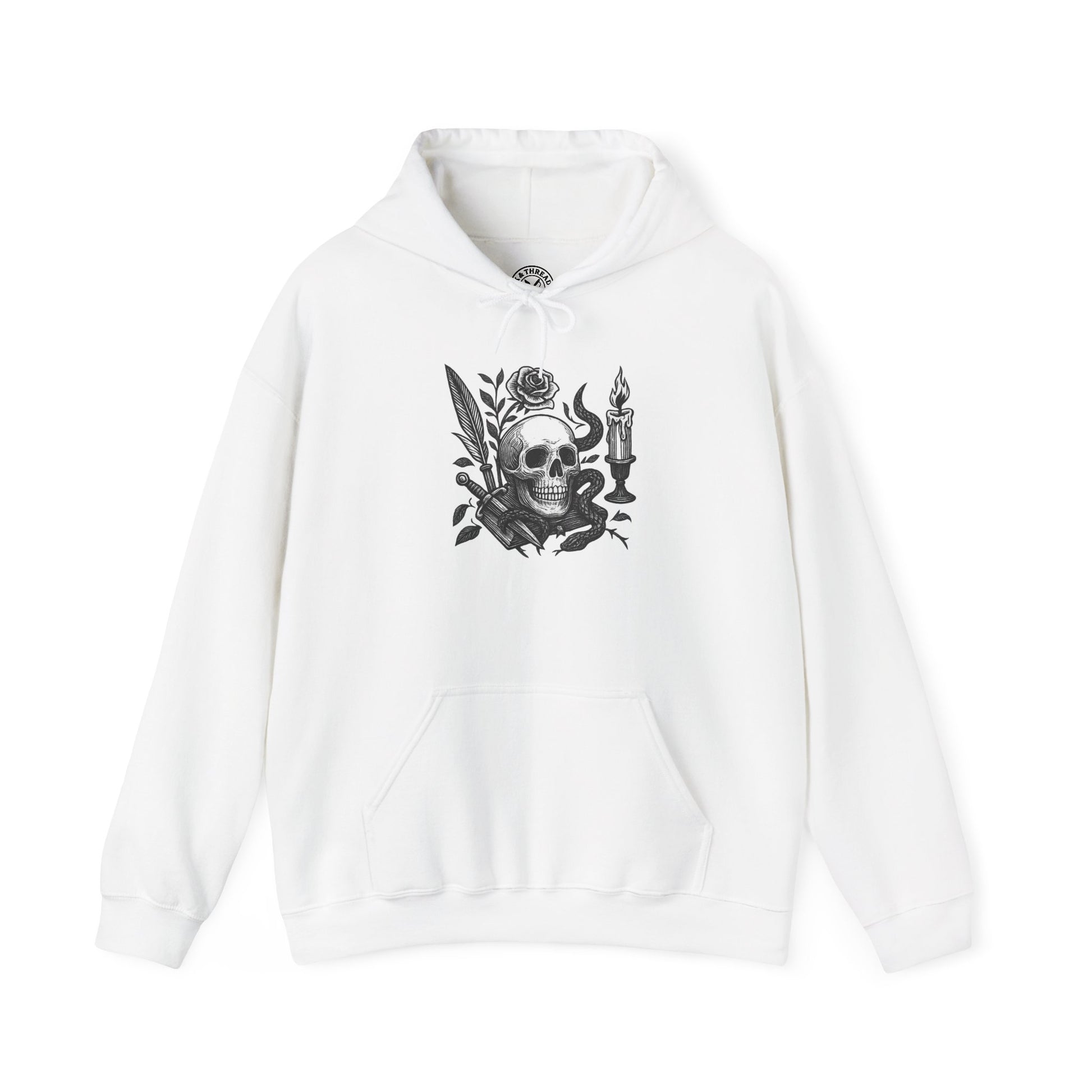 White hoodie with black graphic design on a white background