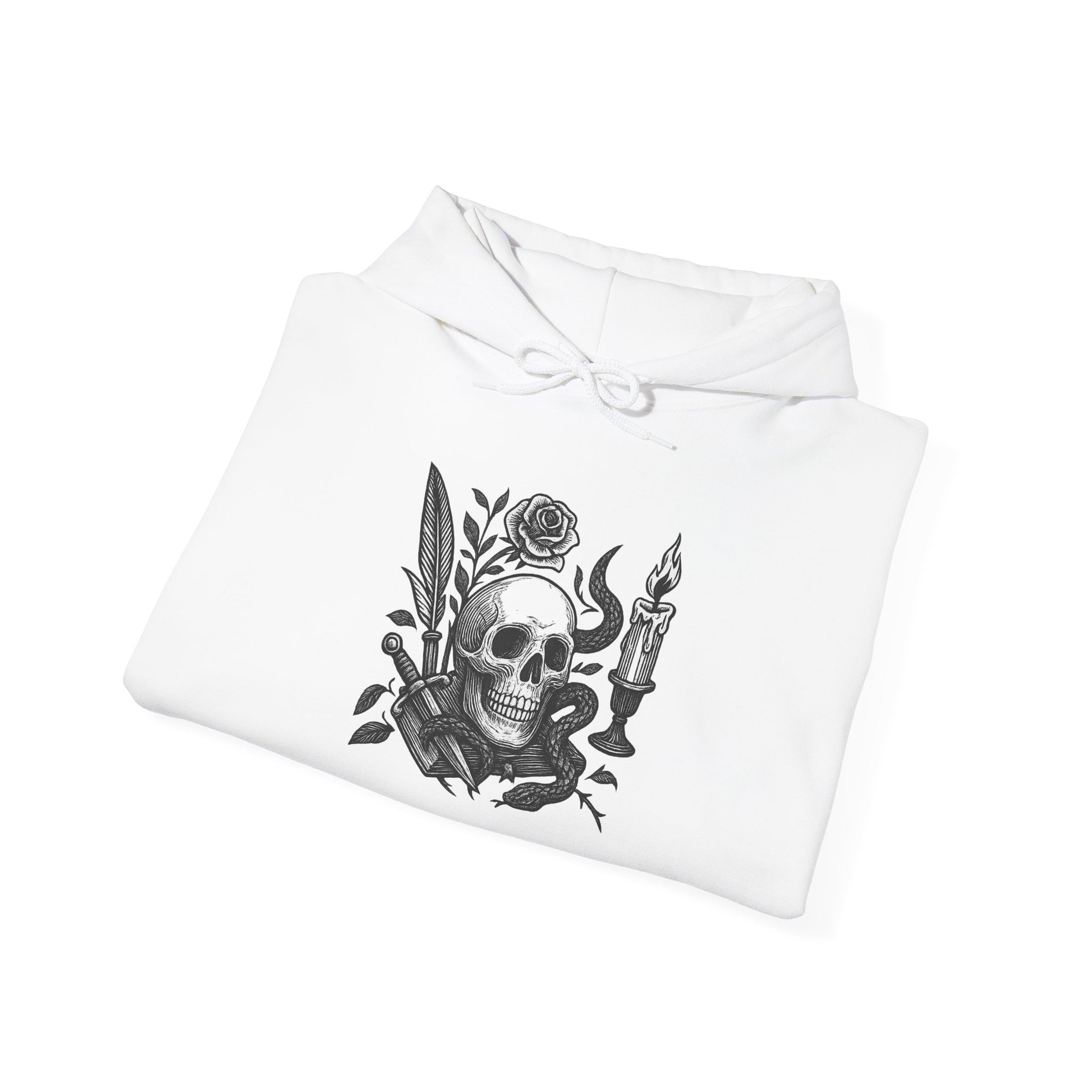 White sweatshirt with a black skull and roses design on a white background