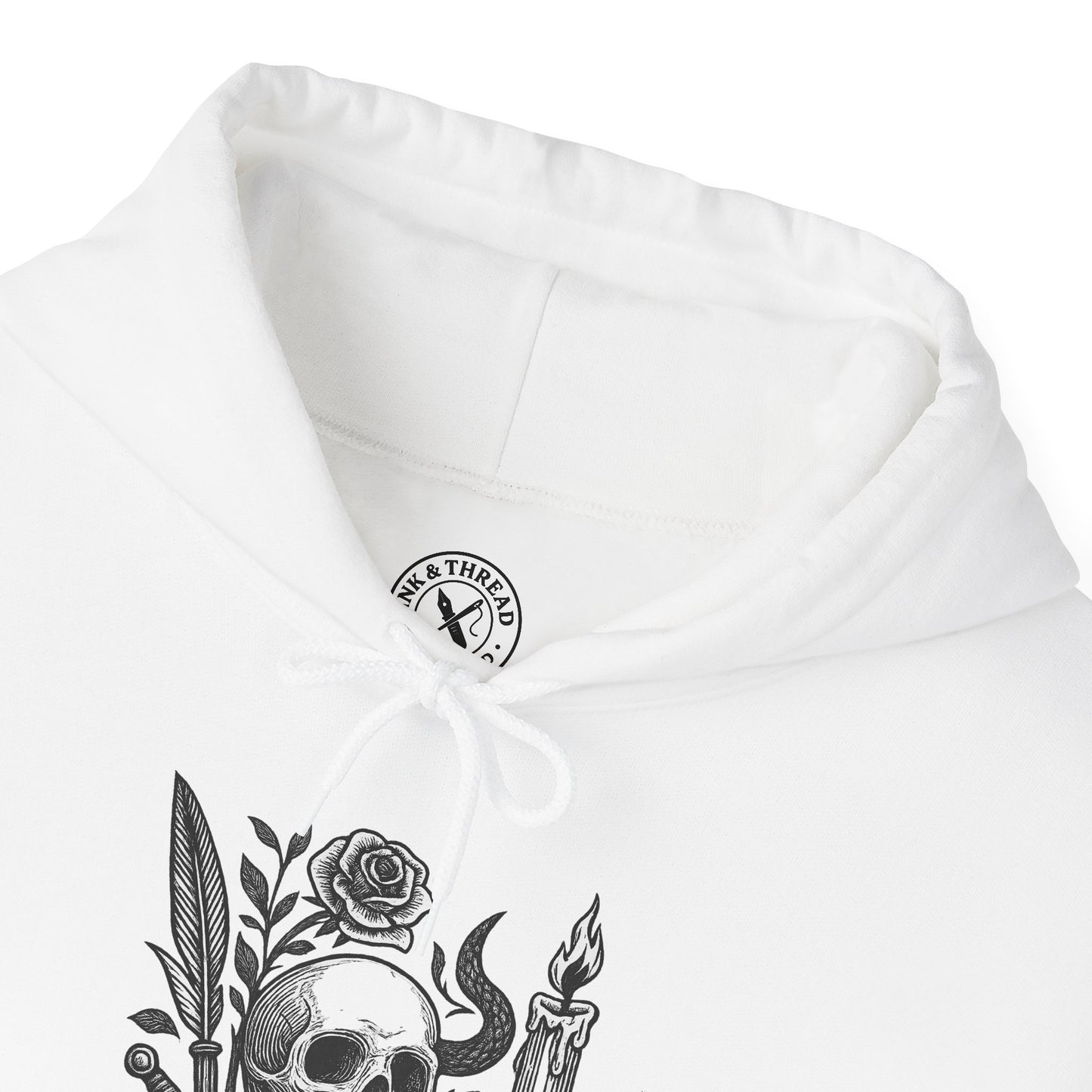 White hoodie with black graphic design and brand logo on a white background