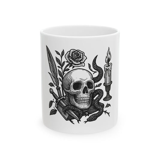 White mug with black skull and roses design on a white background