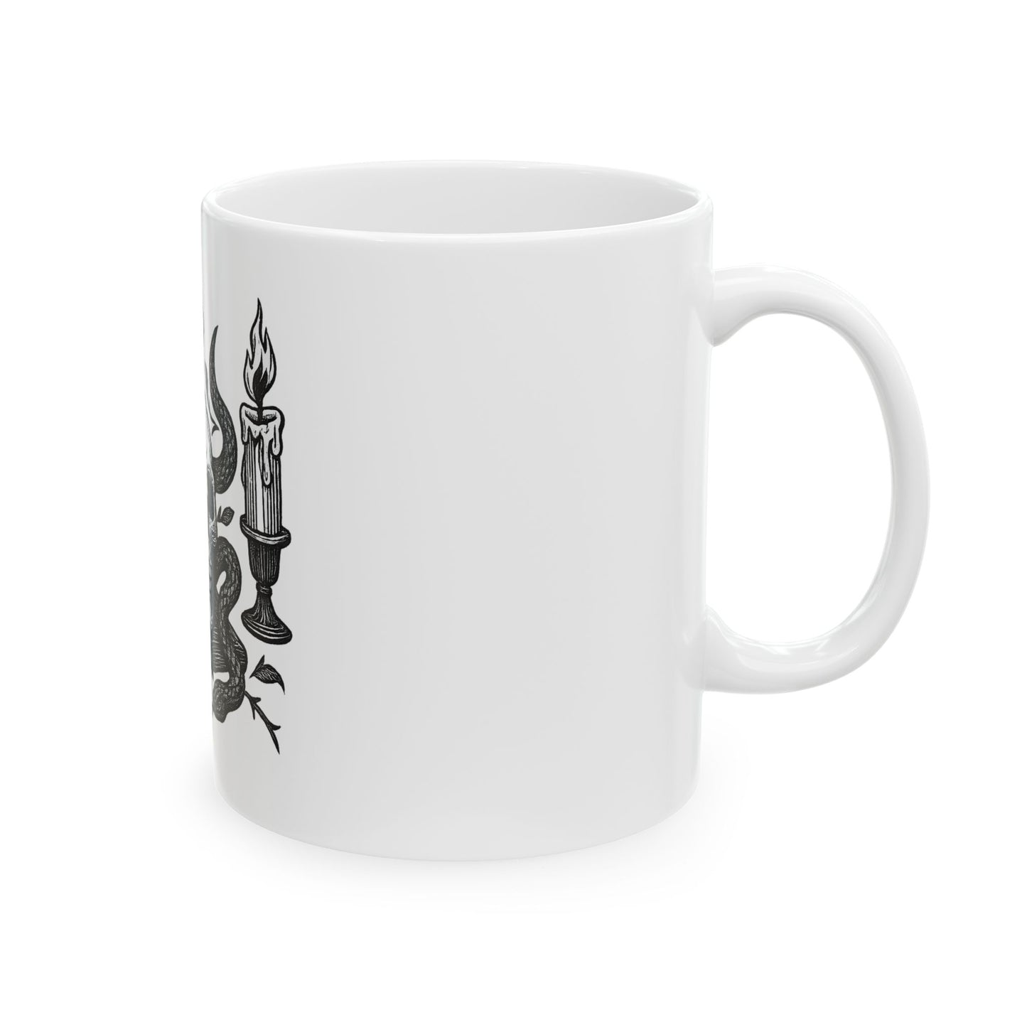 White mug with black candle design on a white background