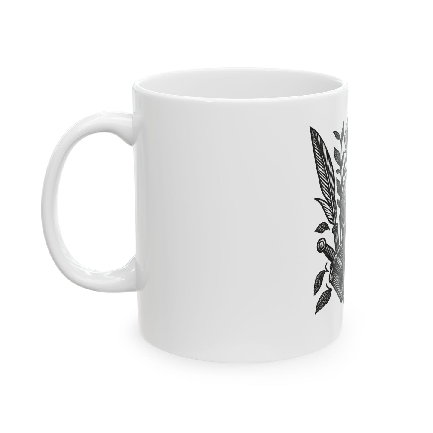 White mug with black leaf design on a white background
