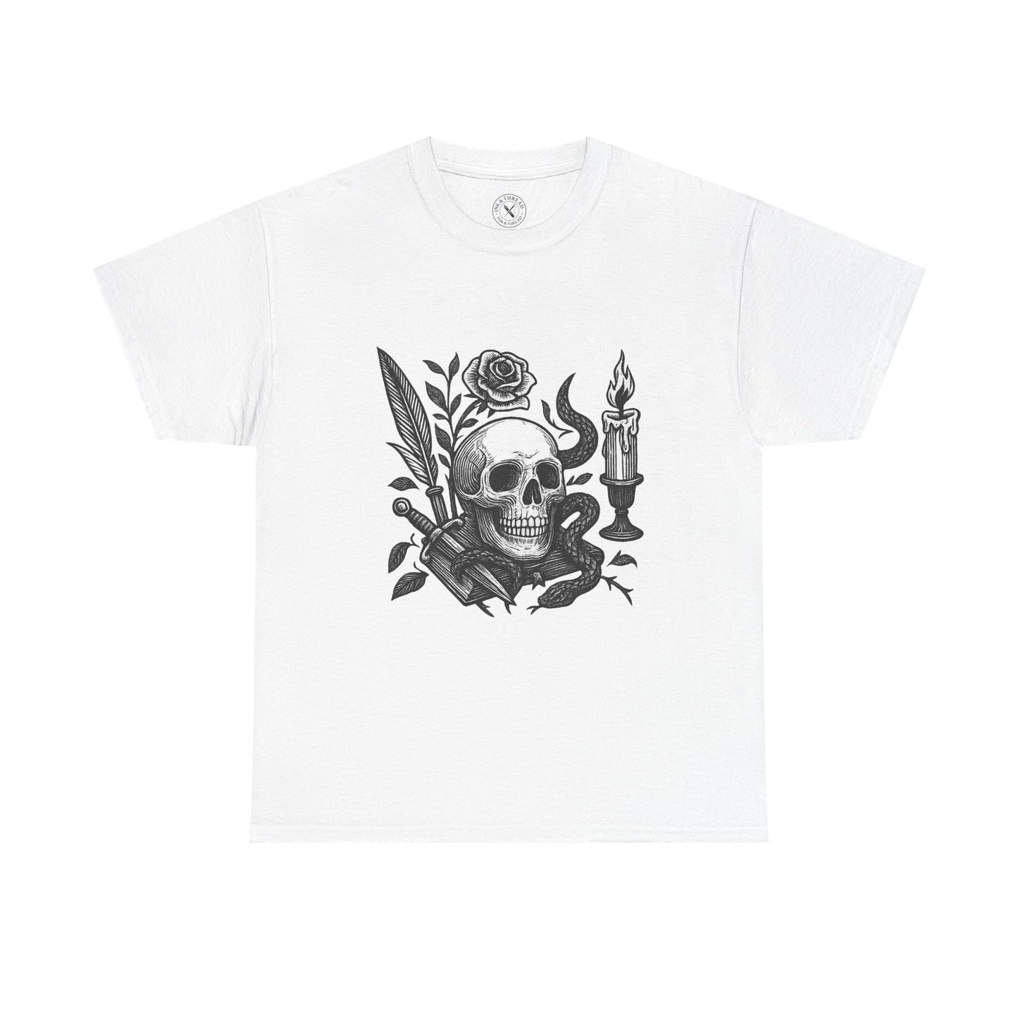 White t-shirt with black skull and roses design on a white background