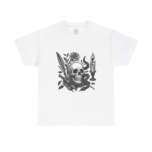 White t-shirt with black skull and roses design on a white background