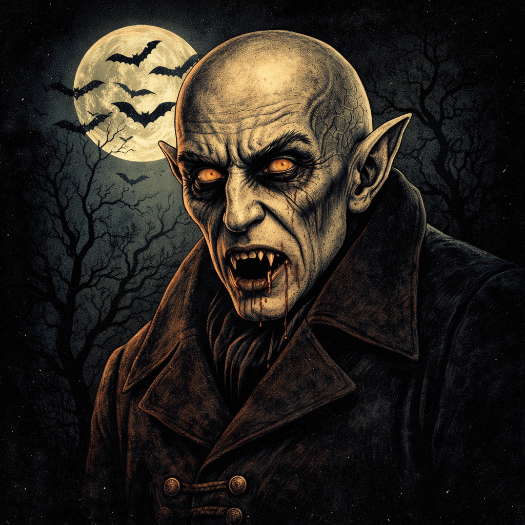 Vampire with bat wings and moon in a dark forest setting