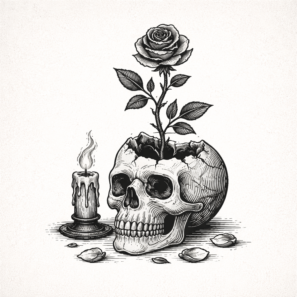 Illustration of a skull with a rose emerging from it next to a candle on a white background