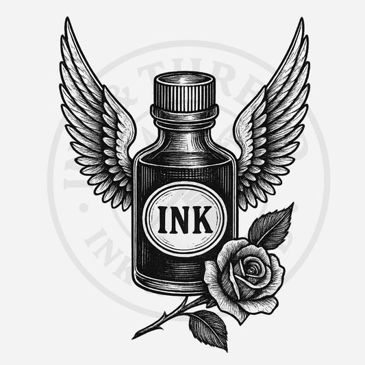 Black and white illustration of an ink bottle with wings and a rose on a white background