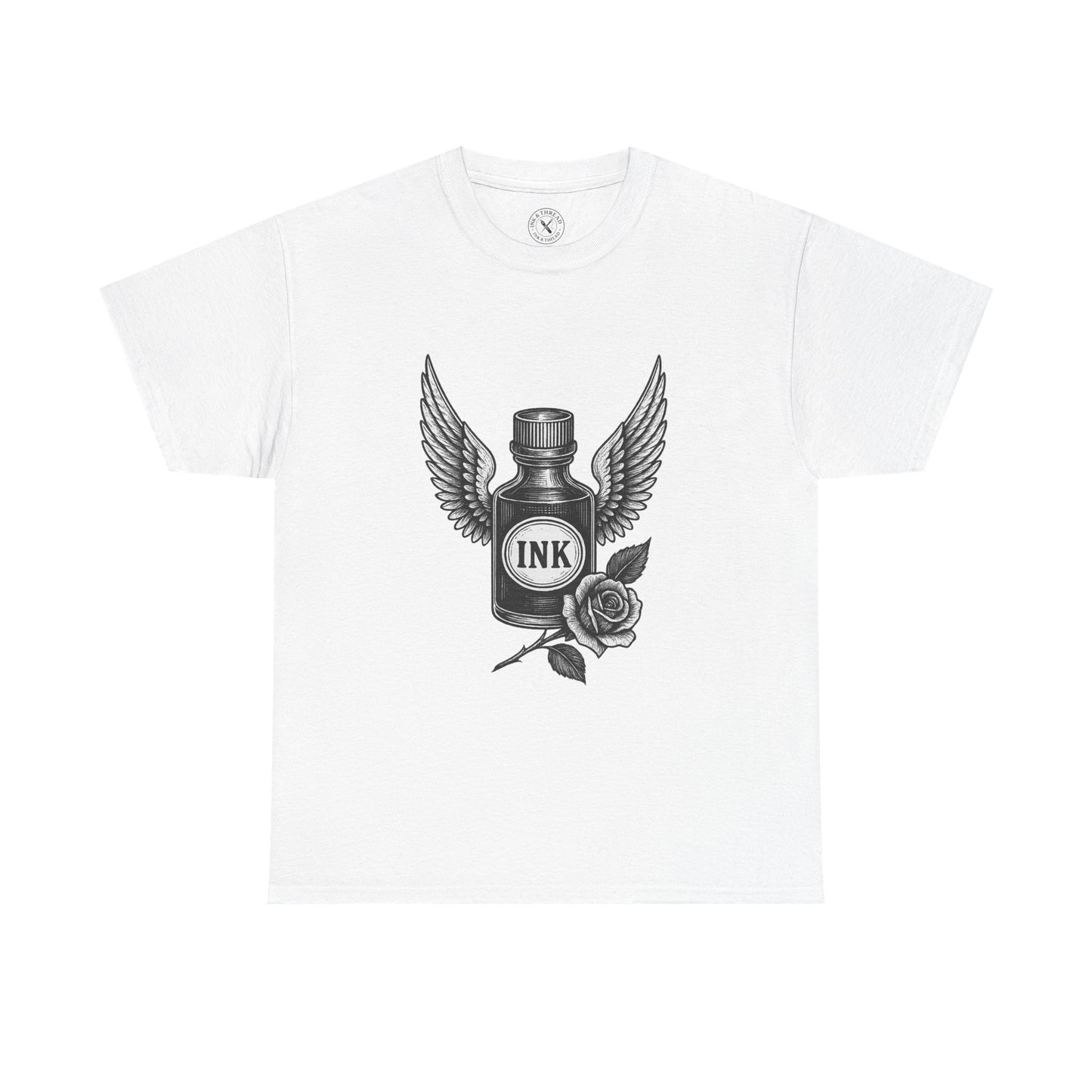 White t-shirt with black ink bottle design featuring wings and a rose on a white background
