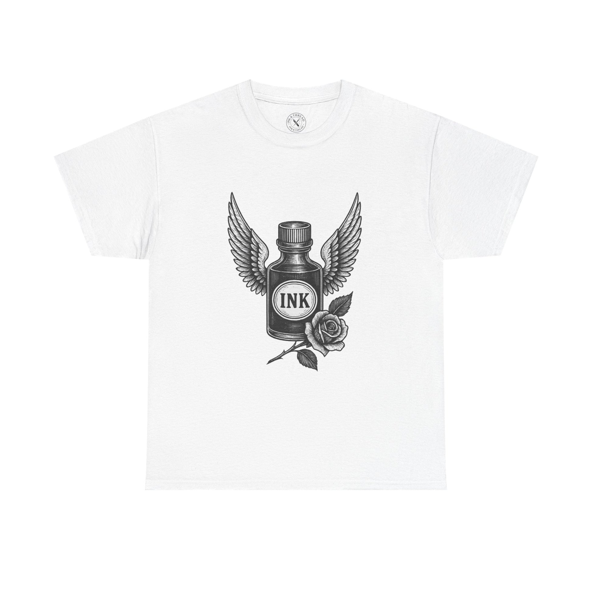 White t-shirt with black ink bottle design featuring wings and a rose on a white background