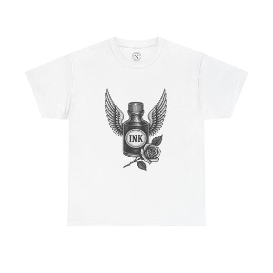 White t-shirt with black ink bottle design featuring wings and a rose on a white background