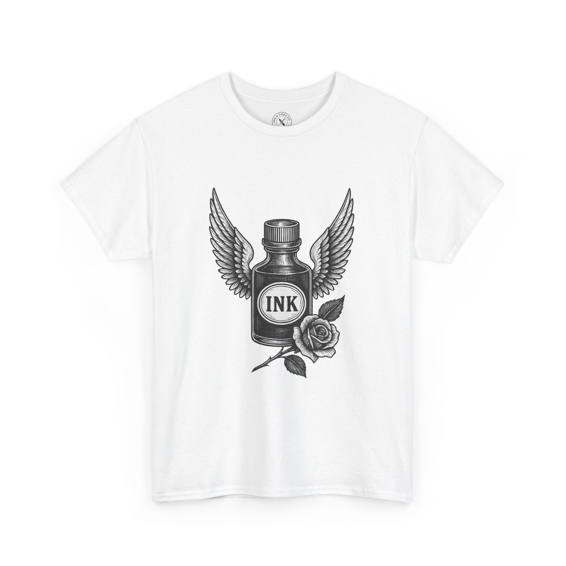 White t-shirt with black ink bottle and rose design on a white background