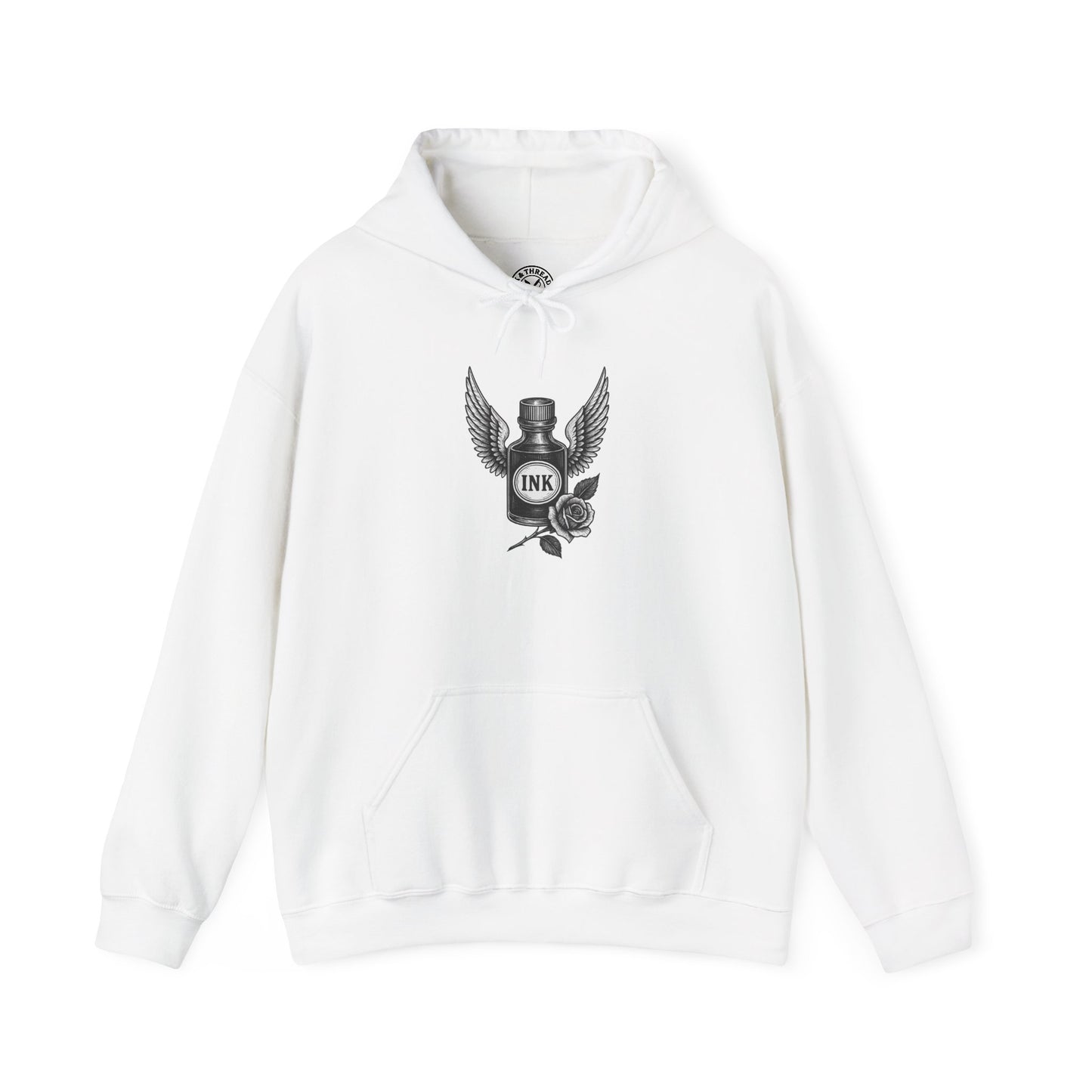 White hoodie with black graphic design on a white background