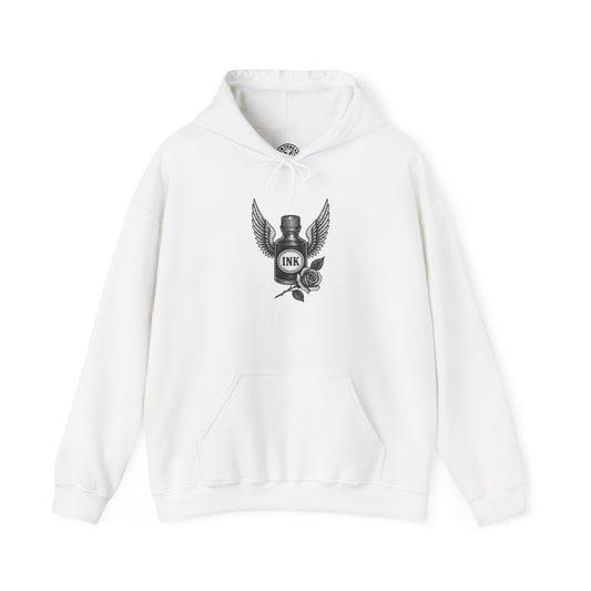 White hoodie with black graphic design on a white background