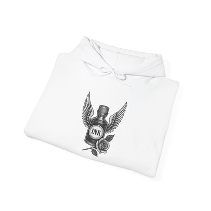 White sweatshirt with black ink bottle and rose design on a white background