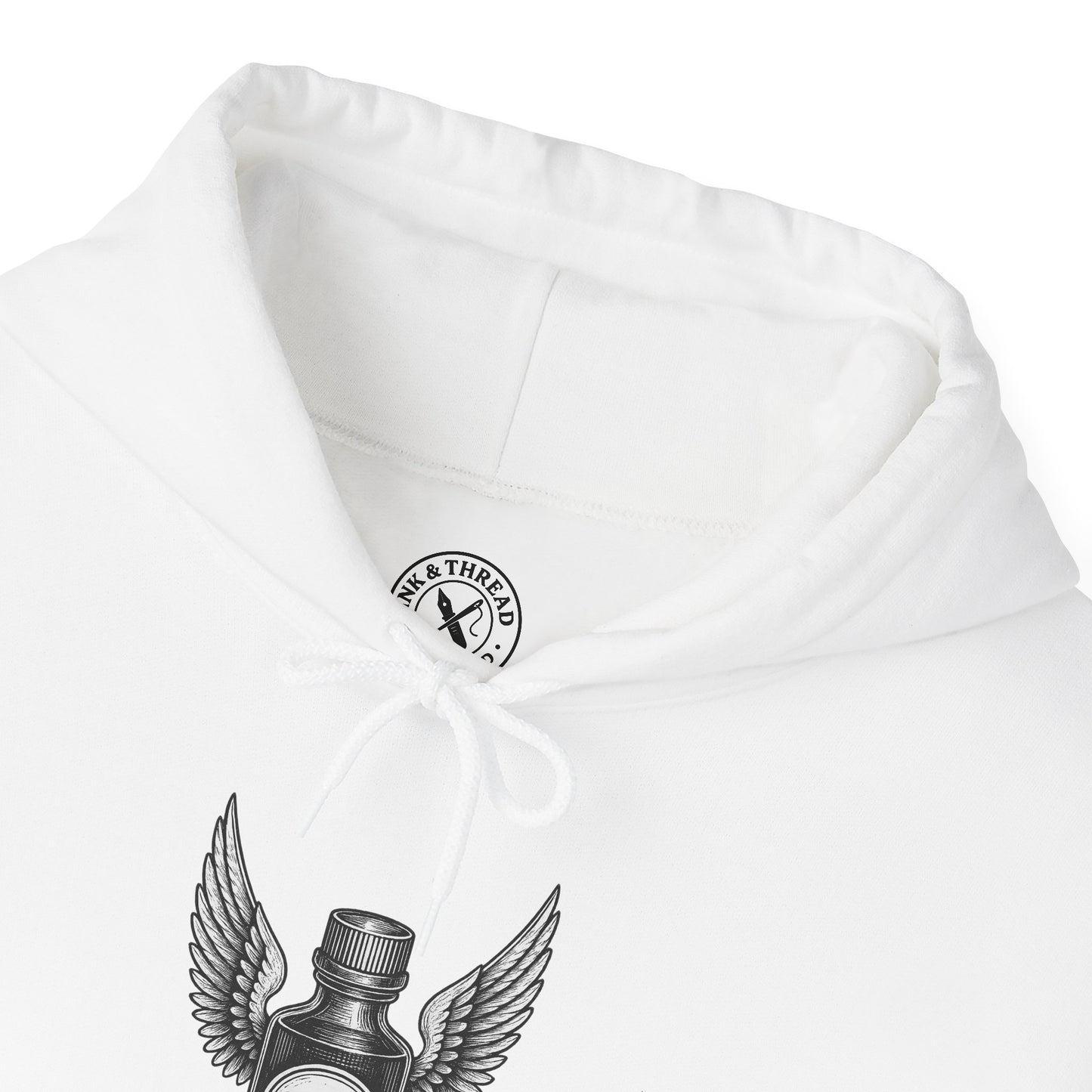 White hoodie with a logo on the chest and a design on the front pocket.