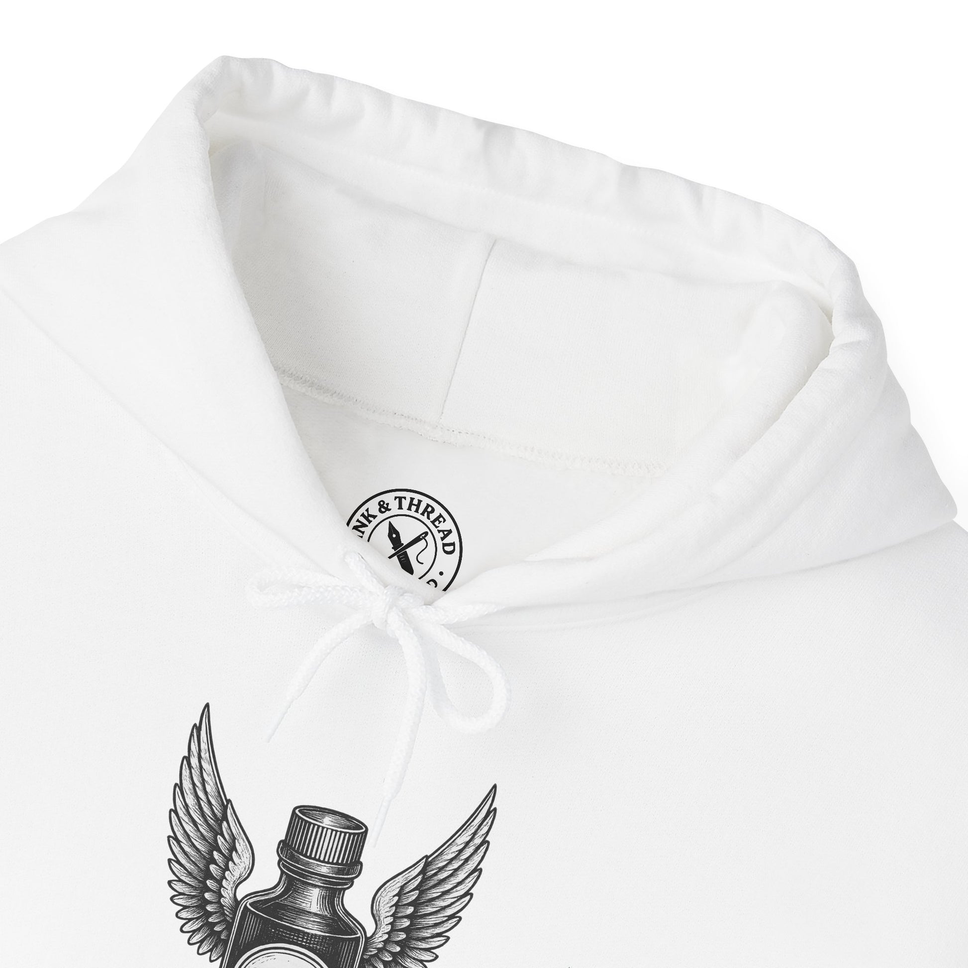 White hoodie with a logo on the chest and a design on the front pocket.