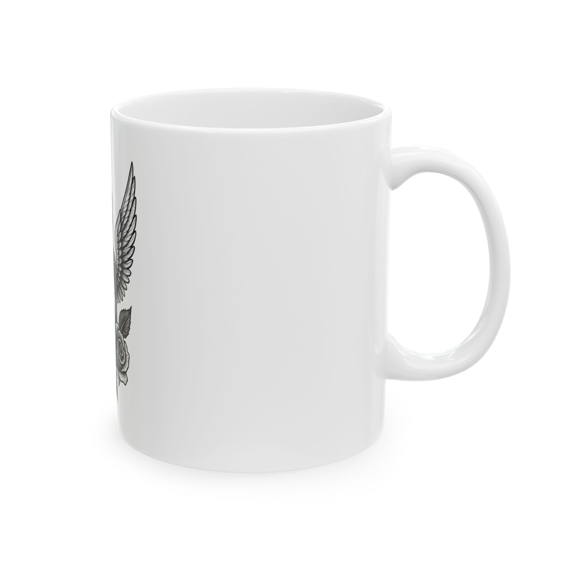White mug with black feather design on a white background