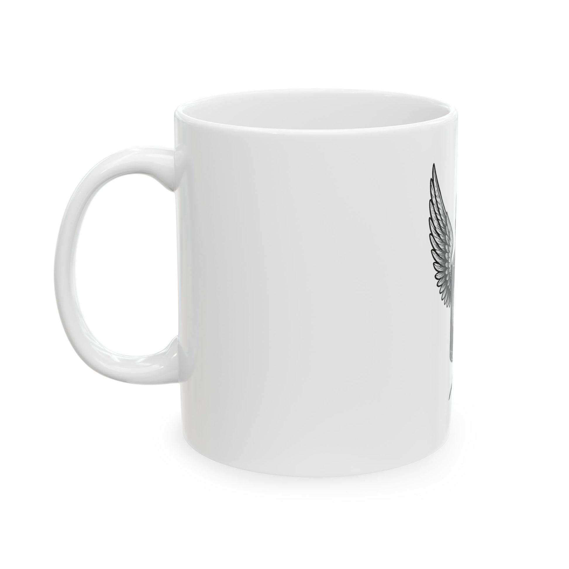 White mug with black wing design on a white background