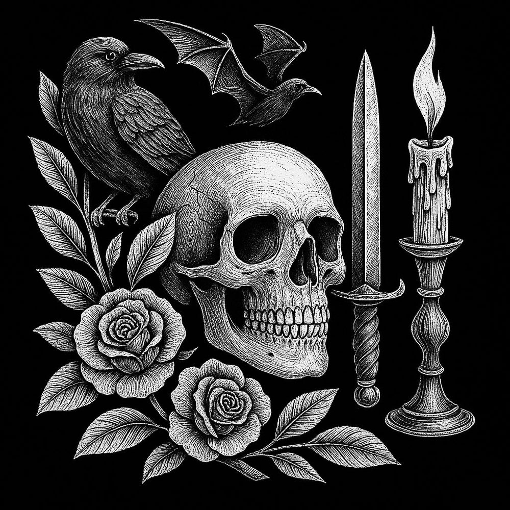 Detailed black and white tattoo illustration featuring a skull, crow, dagger, and candle, representing folklore, mortality, and protection
