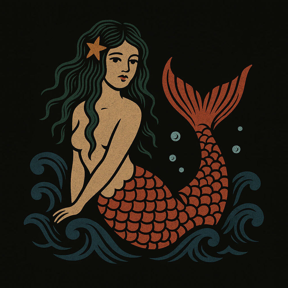 Illustration of a mermaid with a red tail and starfish on a black background