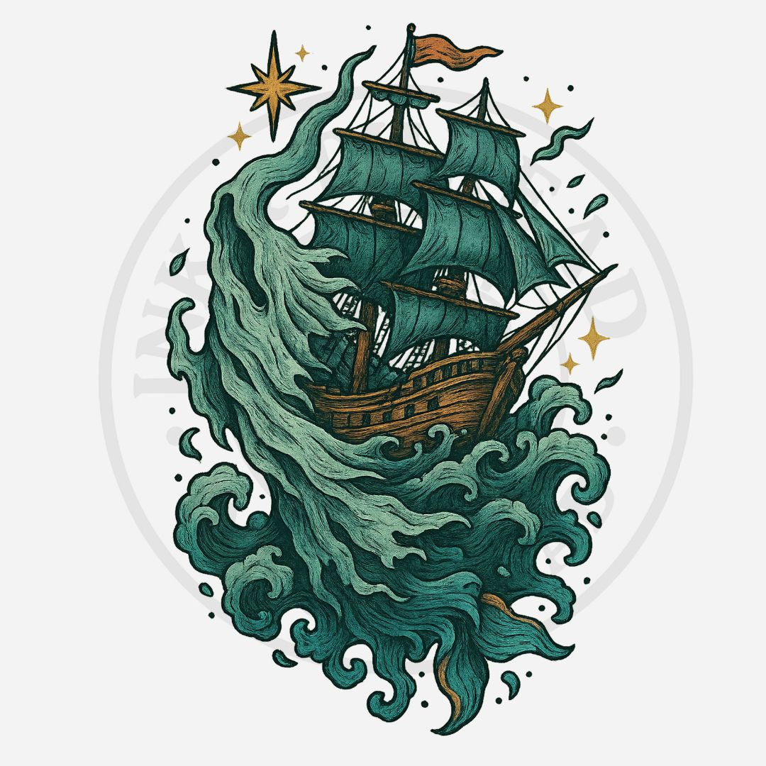 Illustration of a ship on waves with stars in the background